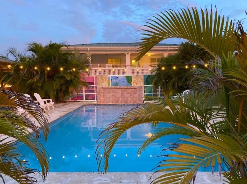 una piscina con palmeras frente a una casa en El Flamingo Beach Club, en Manatí