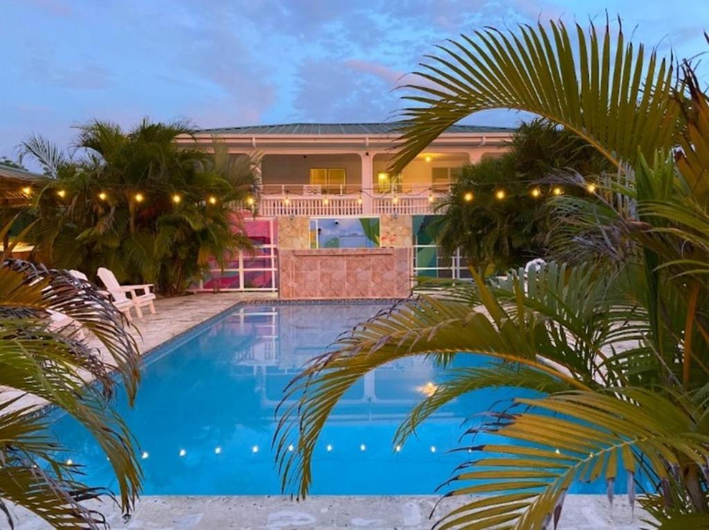 a pool with palm trees in front of a house at El Flamingo Beach Club in Manati