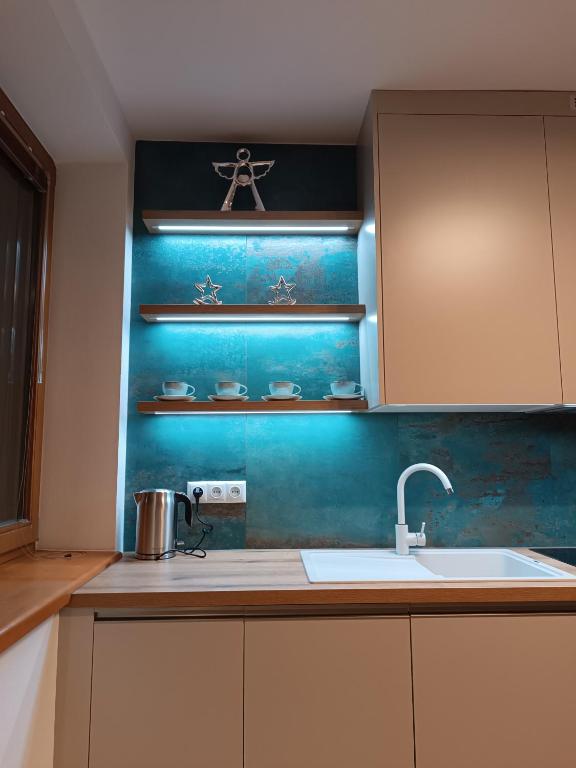 a kitchen with a sink and a counter top at 3 bathrooms Apartman Mimi in Liptovský Mikuláš