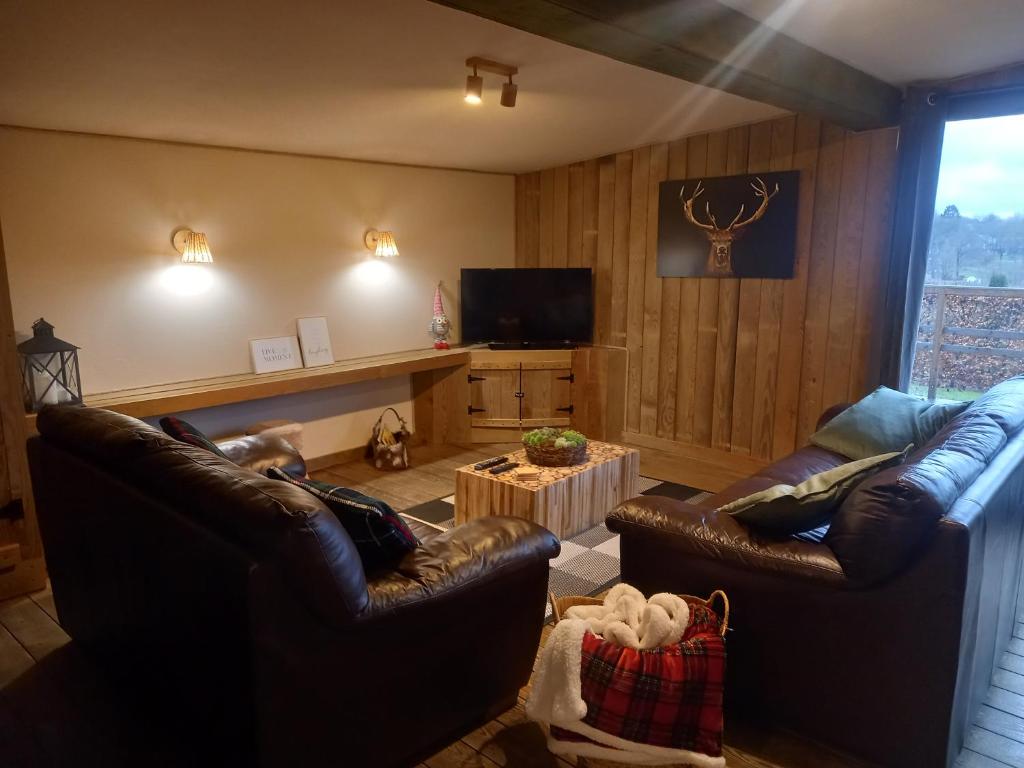 a living room with two leather couches and a television at Le chalet du lac in Robertville