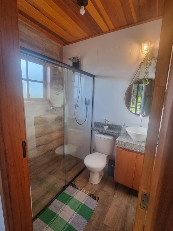 ein Bad mit einer Dusche, einem WC und einem Waschbecken in der Unterkunft Chalé Pavão Recanto Buscapé SFX in São Francisco Xavier