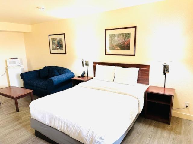 um quarto de hotel com uma cama e uma cadeira azul em Quincy INN and Suites em Quincy