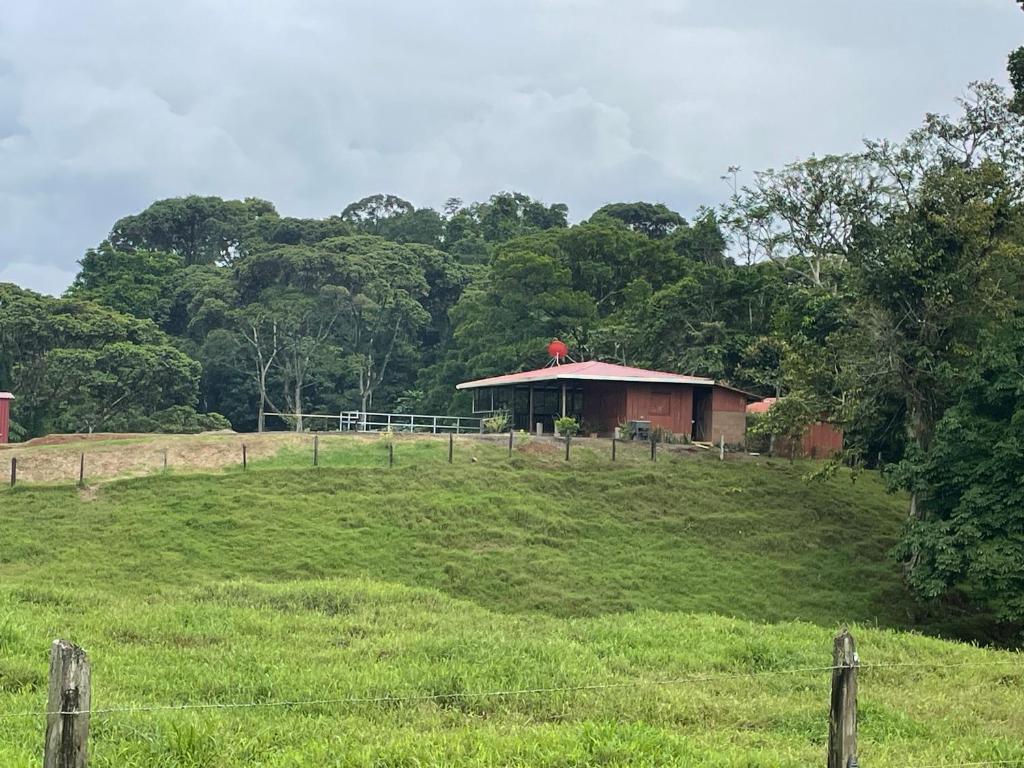 una casa en una colina con un campo y una valla en Amazilia, en Heredia