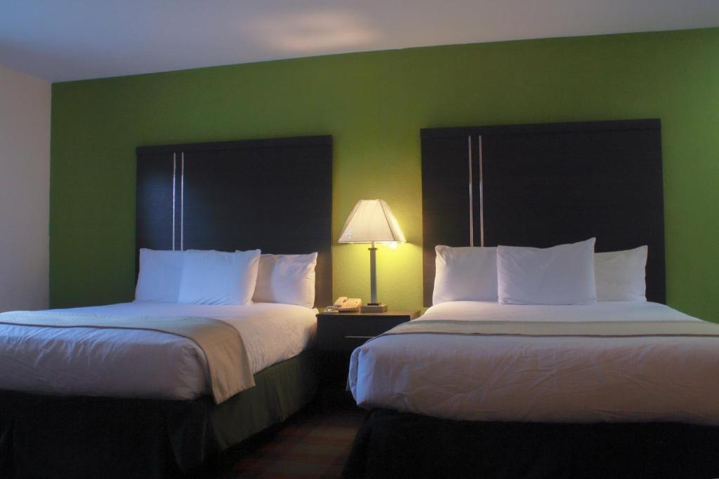 duas camas num quarto de hotel com paredes verdes em Mountain Valley Inn em Dillard