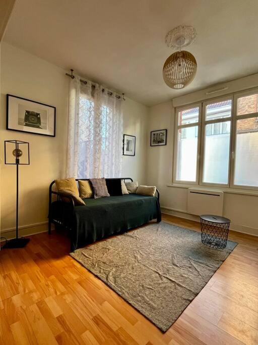 - un salon avec un canapé vert et un tapis dans l'établissement Beau studio cosy et meublé Loos lez Lille, France, à Loos