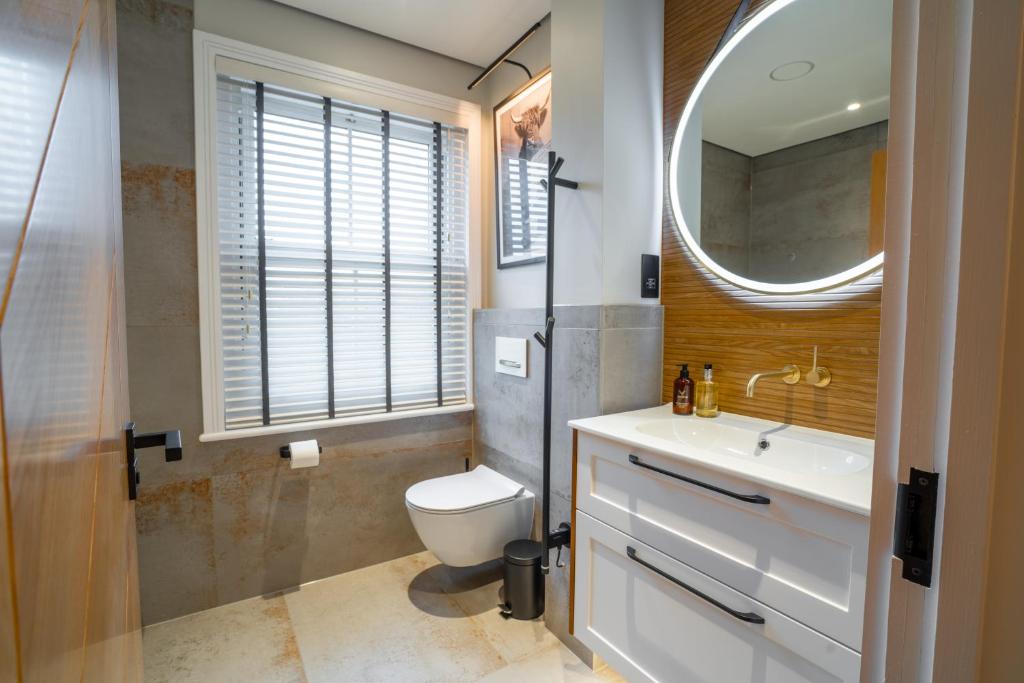a bathroom with a toilet and a sink and a mirror at Hazelwick Apartment in Crawley