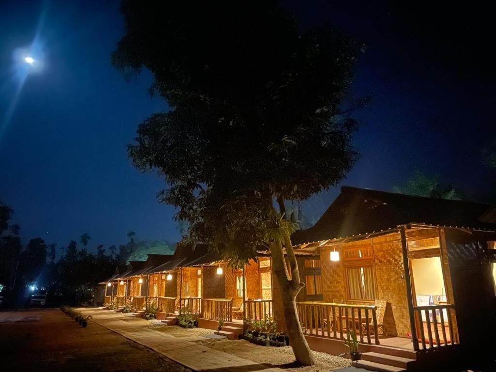 un bâtiment avec un arbre devant lui la nuit dans l'établissement HABITAS RHINO BY NATURE HUNT, à Kāziranga