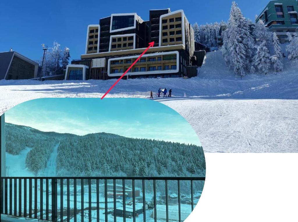 two pictures of a building in the snow with a red arrow at Apartment Aurora in Bjelašnica