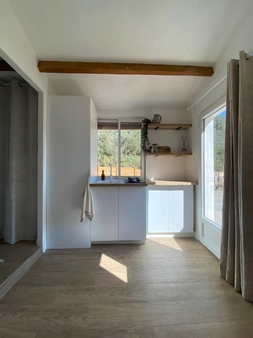 een witte keuken met een aanrecht en een raam bij Maisonnette cosy à la campagne in Céret