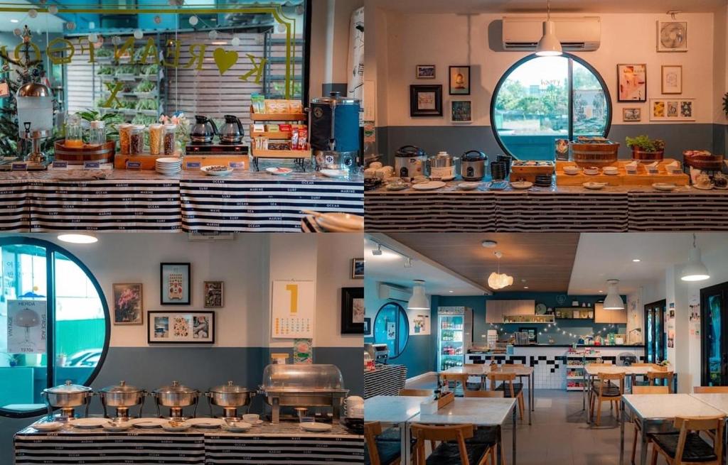 quatro vistas diferentes de um restaurante com mesas e cadeiras em The Galla Hotel em Ranong