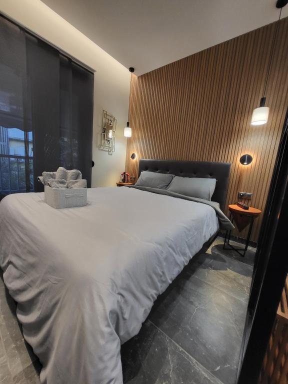 Tempat tidur dalam kamar di Modern studio in Veria center, near Elia square