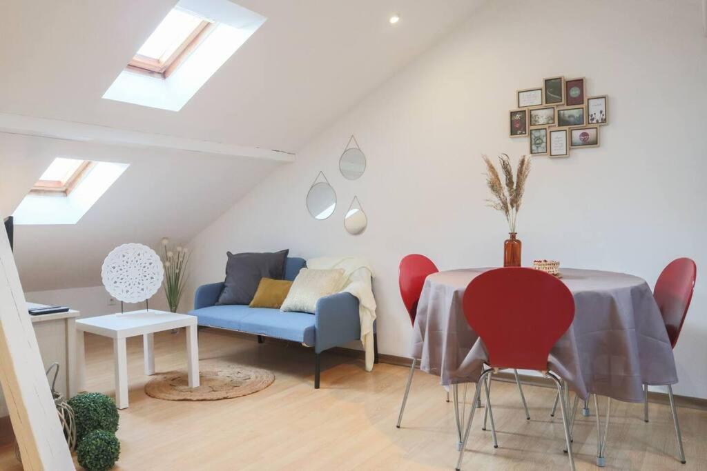 un salon avec une table, des chaises et un canapé dans l'établissement Petit Loft Centre Ville Historique proche GARE TGV, à Mulhouse