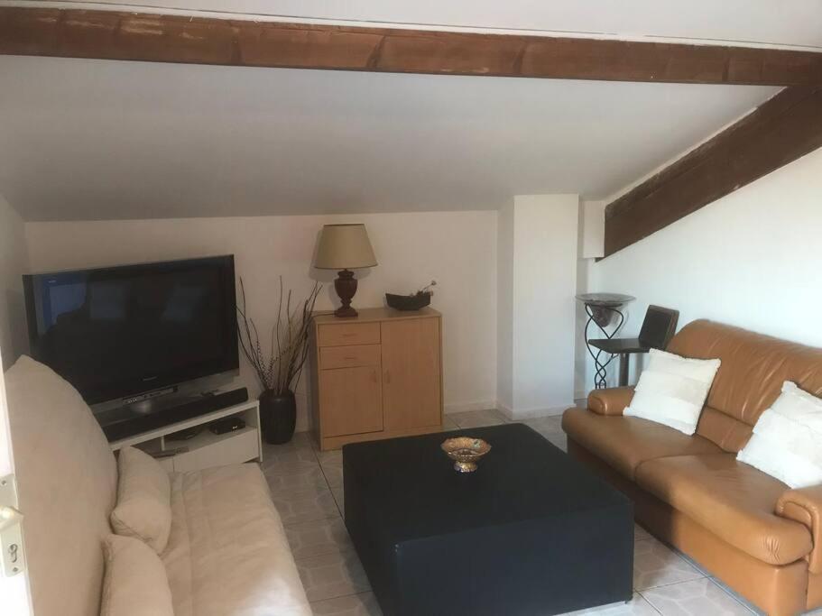 uma sala de estar com um sofá e uma televisão em Louez l’étage d une maison basque à 5mn de Bayonne em Mouguerre