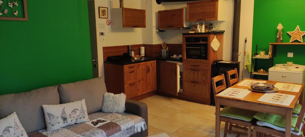 Il comprend un salon avec un canapé et une cuisine aux murs verts. dans l'établissement Planika B&M, à Bohinj
