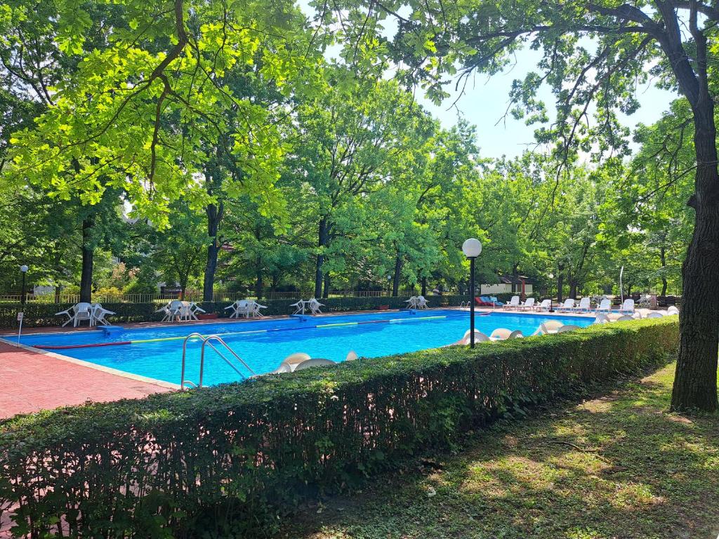 una piscina en un parque con gente sentada alrededor en Szoba kilátással apartman, en Gárdony