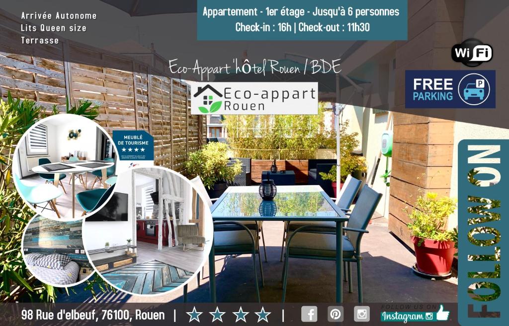 Un folleto para un patio con mesa y sillas en Eco-Appart'hôtel Rouen -- BDE en Ruan