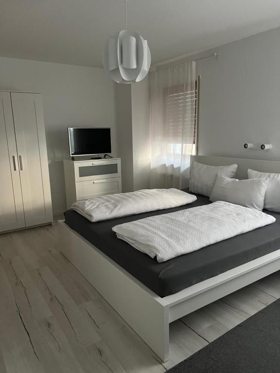 1 dormitorio con 1 cama grande y TV en Gästehaus Elisabeth, en Weisenheim am Sand