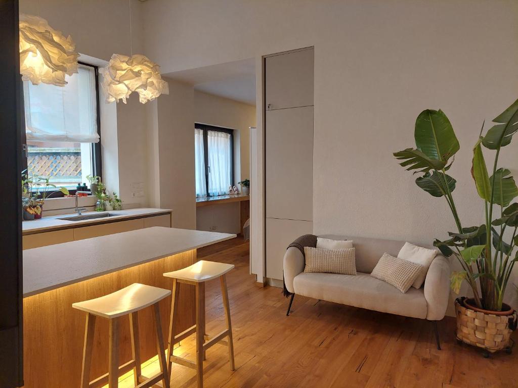een woonkamer met een bank en een keuken bij Loft del Talvera 2 in Bolzano
