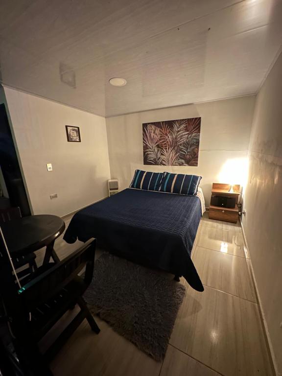 a bedroom with a bed and a desk and a chair at Cabañas Bellavista La Vega in La Vega