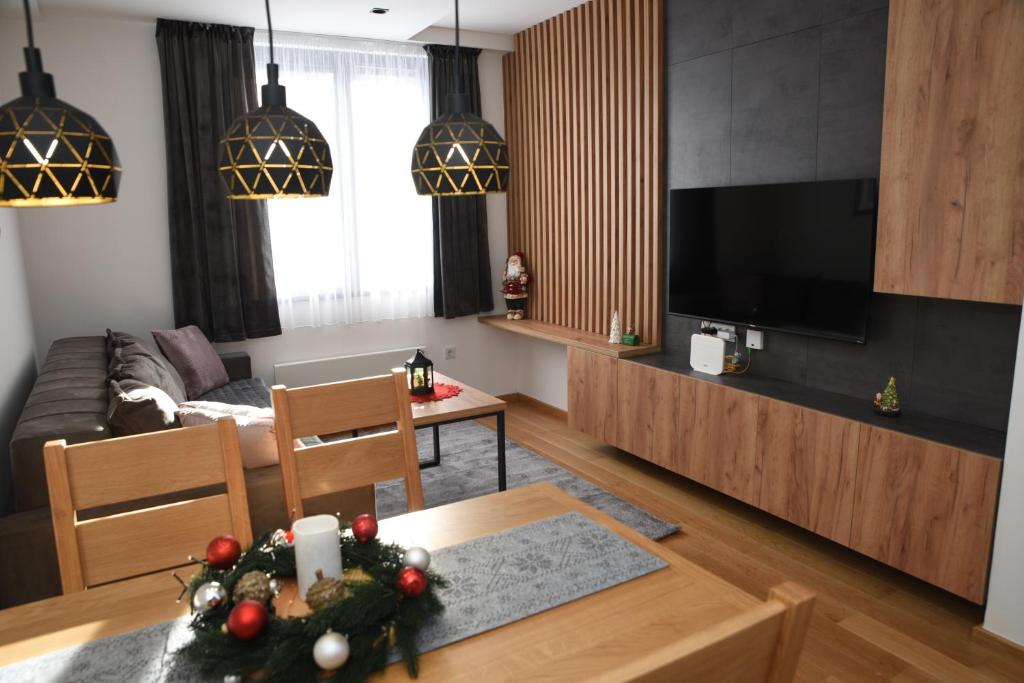 亞霍里納的住宿－Zlatni javor 515，客厅配有沙发和桌子