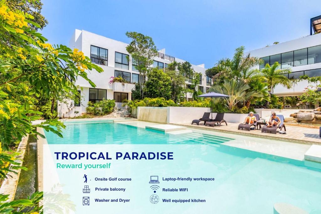 a pool at the tropical paradise apartments in singapore at Tropical Retreat Pools Golf Gym Jungle Views in Akumal