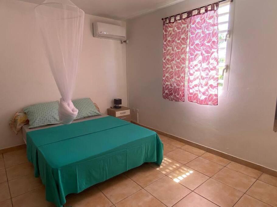 een slaapkamer met een groen bed en een raam bij La maison du plateau in Vieux-Habitants
