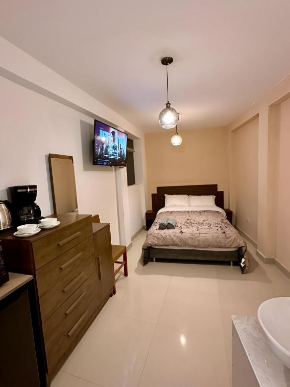 a bedroom with a bed and a sink and a television at Castellares La Puebla Habitación y estudio en el centro in Ayacucho