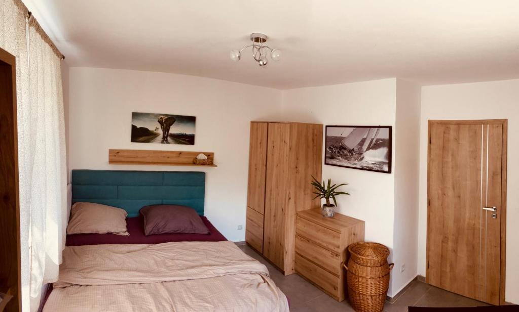 1 dormitorio con 1 cama y armario de madera en Pokoj v rodinném domě Severní en České Budějovice