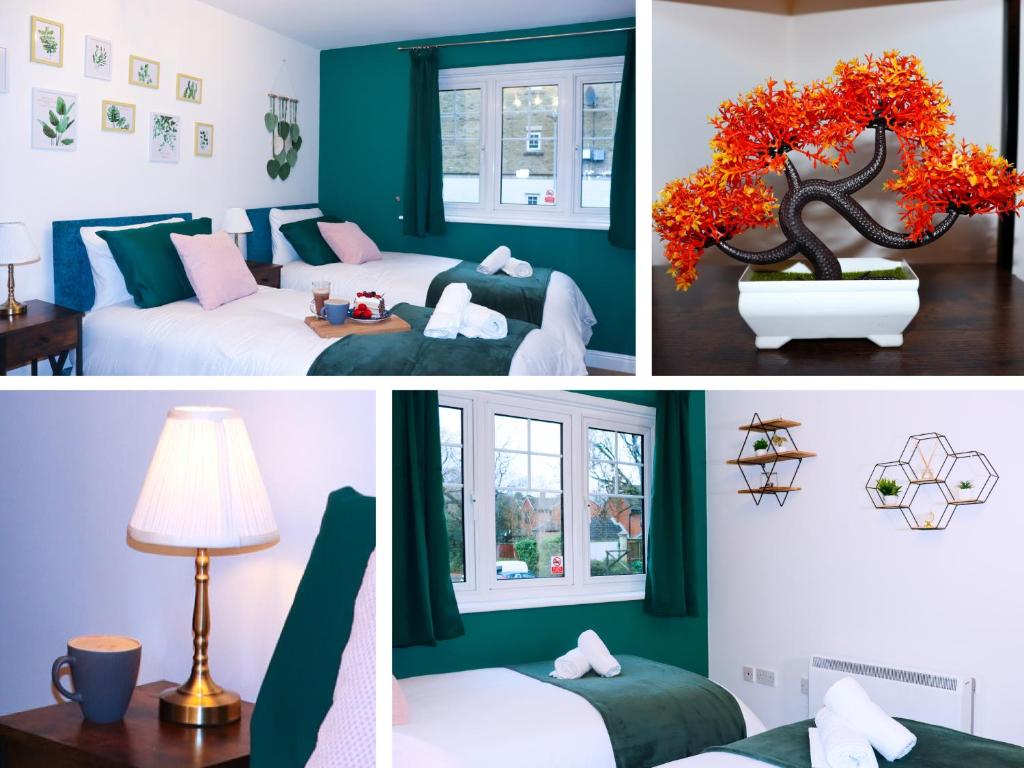 een collage van foto's van een slaapkamer met groen en roze bij Whole Flat - Contractors, Professionals, ULEZ Free, Parking, City 10mins in Birmingham