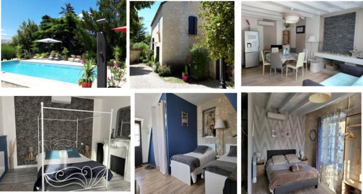 kolaż zdjęć salonu i domu w obiekcie Gîte 3* Piscine Spa entre ZOO BEAUVAL FUTUROSCOPE CHATEAUX LOIRE w mieście Sainte-Maure-de-Touraine