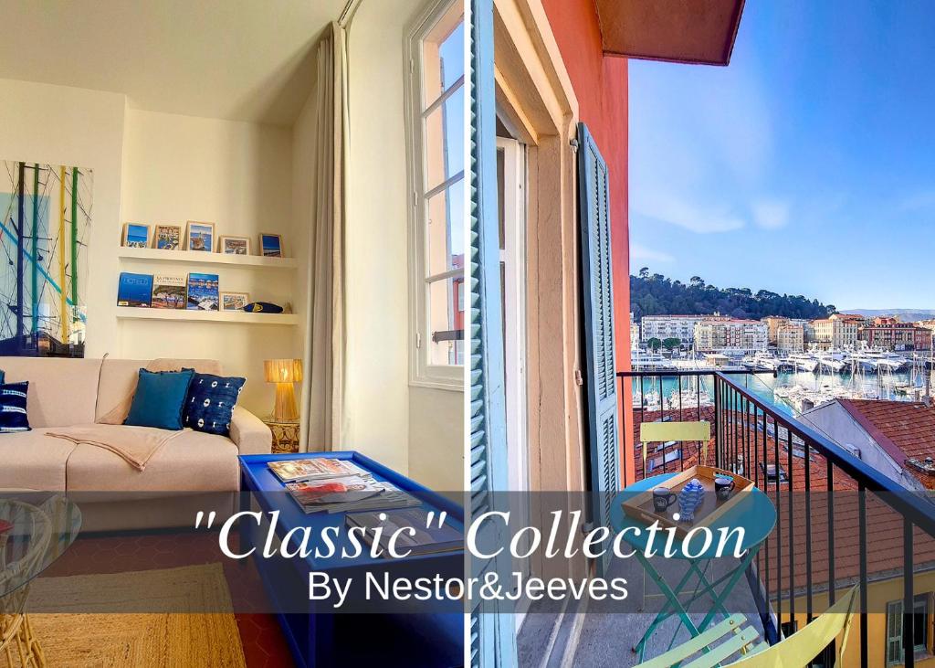 a living room with a couch and a balcony at Nestor&Jeeves - REVE BLEU - View Port - BALCONY in Nice