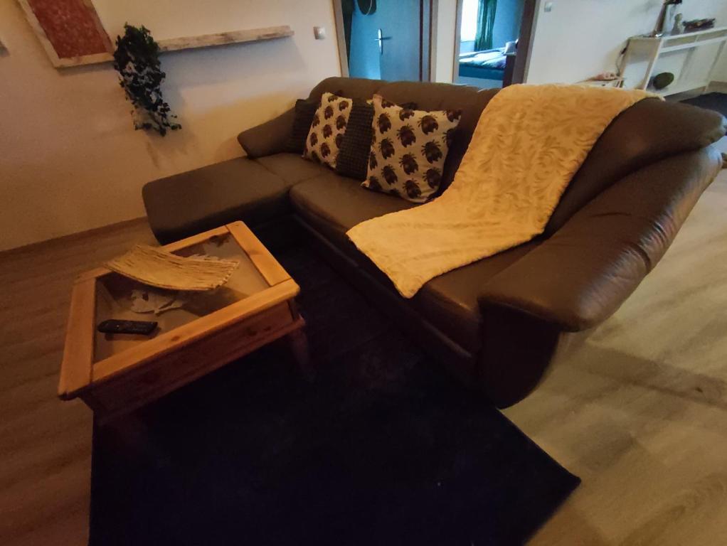 a brown leather couch in a living room with a table at Ferienwohnung zum Getreidelager in Schwarzenbach an der Saale