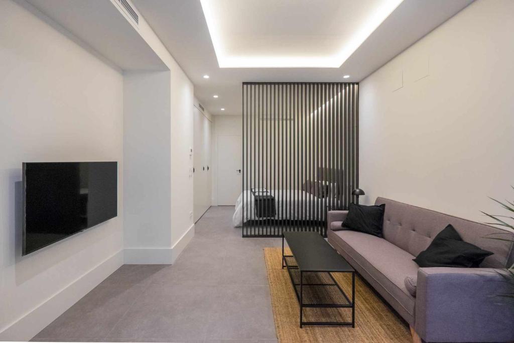 een woonkamer met een bank en een tv bij AT Presidente Nº1 apartamento privado completo in Sevilla