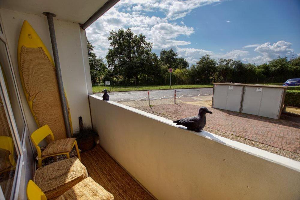 dois pássaros sentados no parapeito de uma varanda em Ferienpark - Haus M, App 0MEG08 em Heiligenhafen