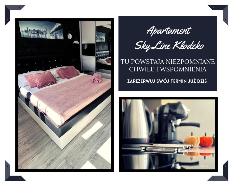 a poster of a bedroom with a bed and a mixer at Spółdzielcza 22 Apartament Sky Line in Kłodzko