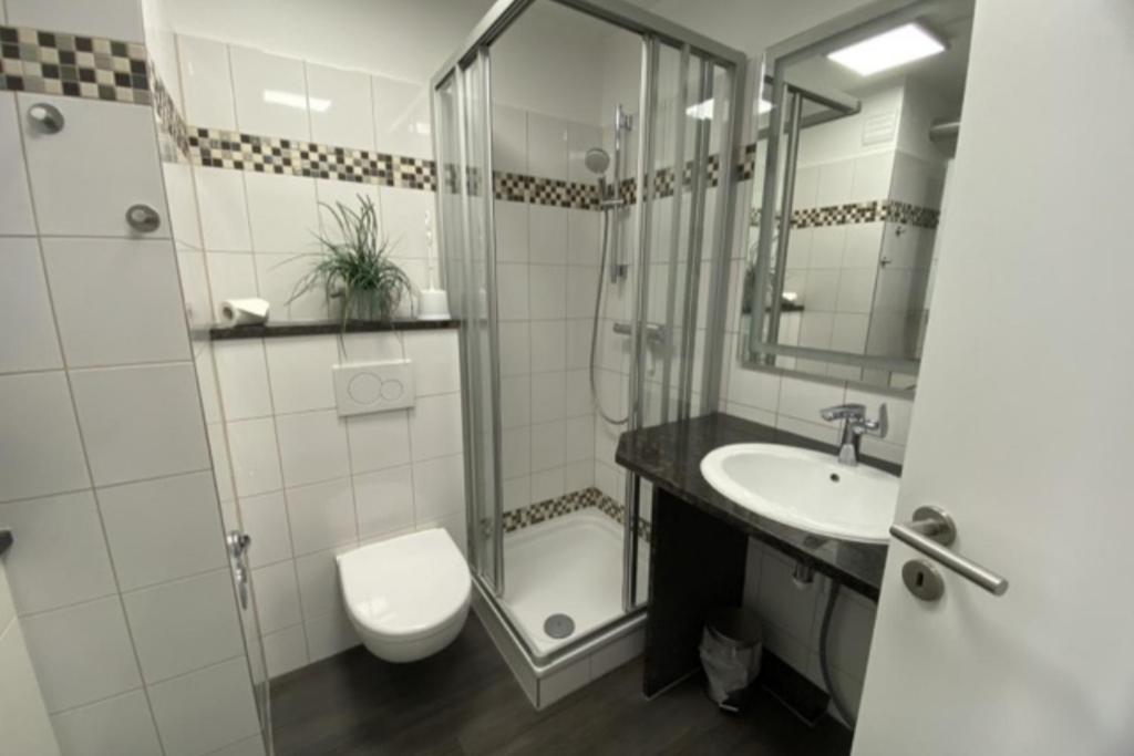 een badkamer met een douche, een toilet en een wastafel bij Seeschloss Wohnung 22 in Dahme