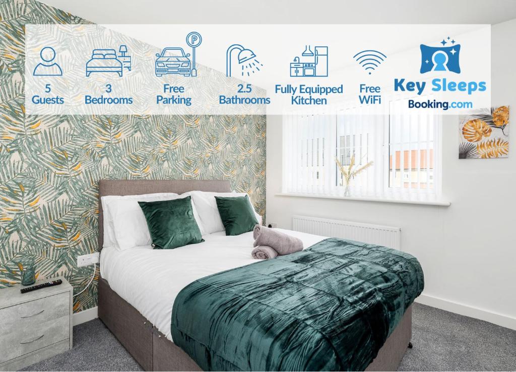 a bedroom with a bed and a wall with stickers at Modern, Stylish House with Free Parking and Garden in Humberston