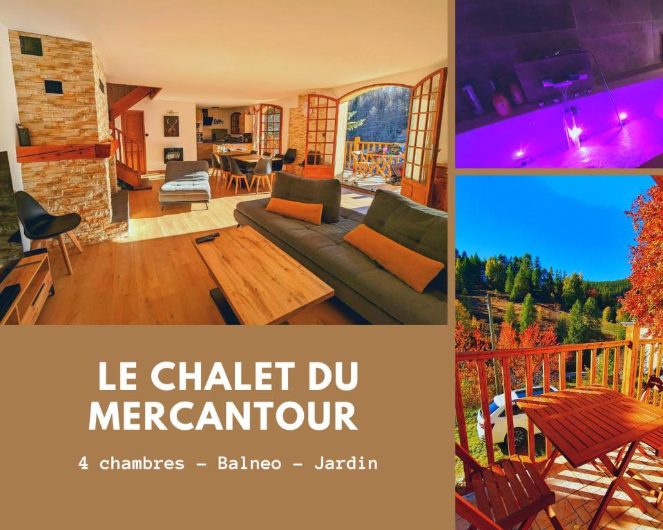uma colagem de fotos de uma sala de estar e de uma casa em Magnifique Chalet avec Balnéothérapie em Roubion