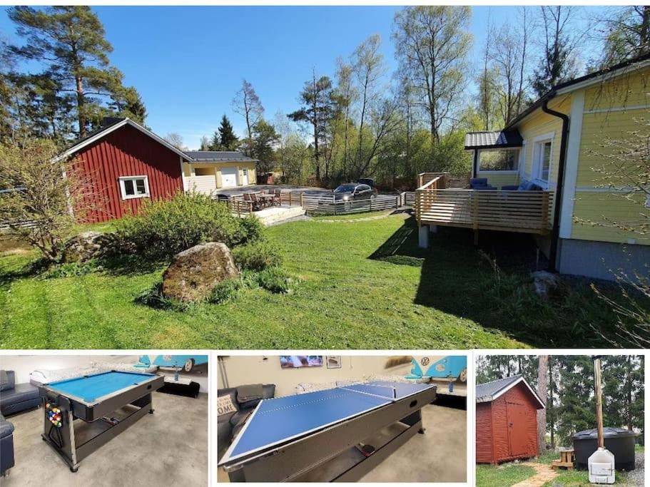 a collage of four pictures of a backyard with a ping at Property in Vaasa in Vaasa