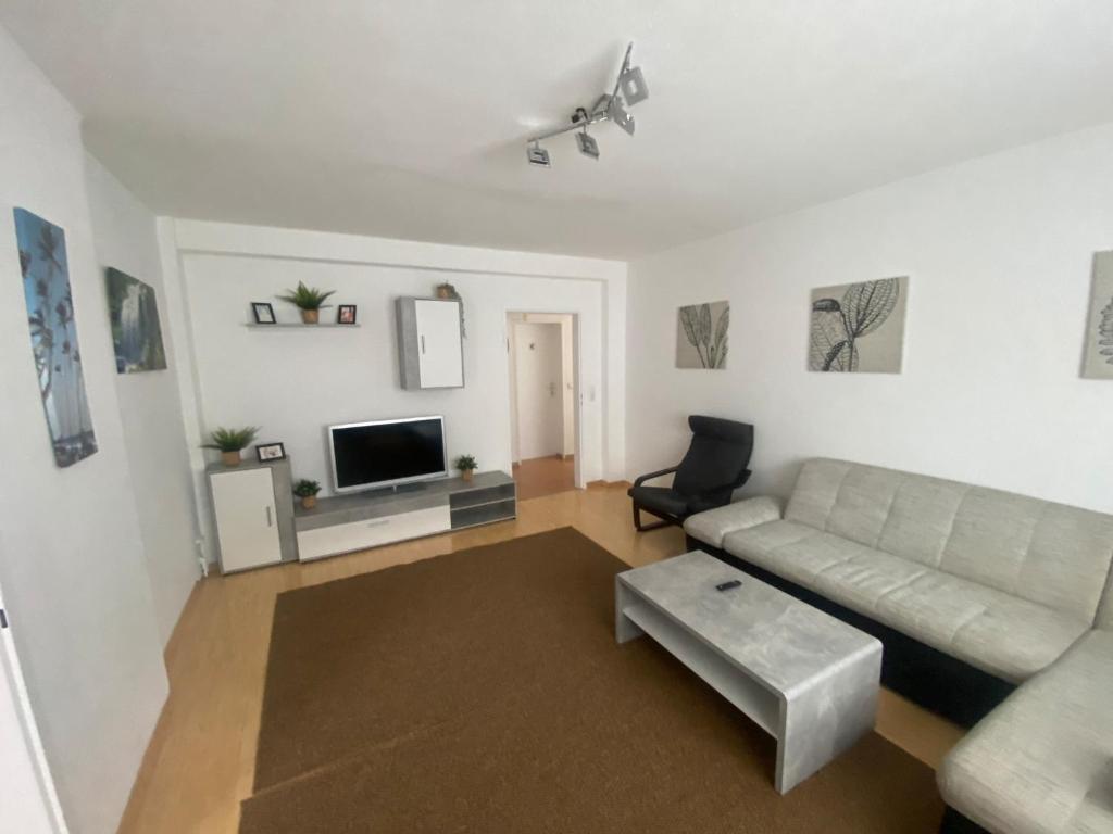 ein Wohnzimmer mit einem Sofa und einem TV in der Unterkunft Mainz Apartment near cetral station in Mainz