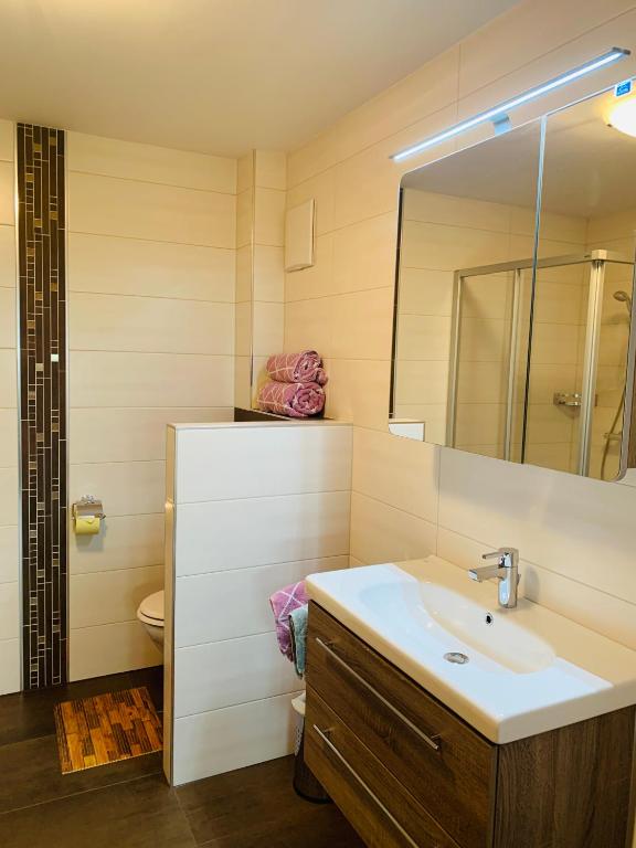 łazienka z umywalką, lustrem i toaletą w obiekcie Ferienwohnung Sonnwendhof "Kellerjochblick" w mieście Schwaz