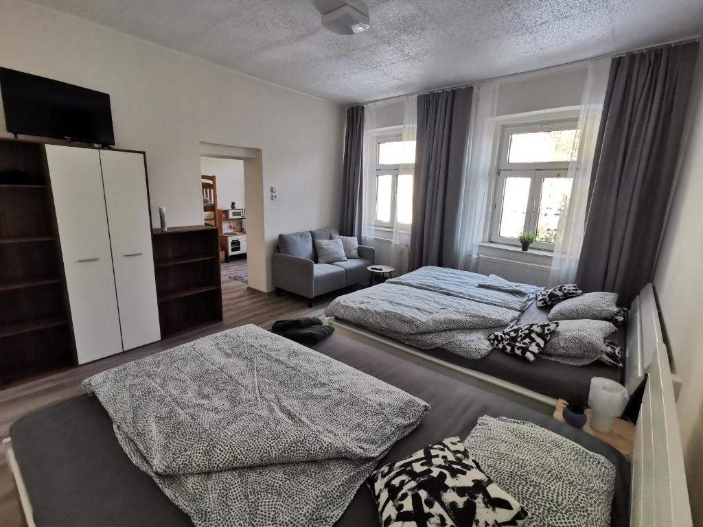 una camera con due letti e un divano di Apartmány Cipriani a Jáchymov