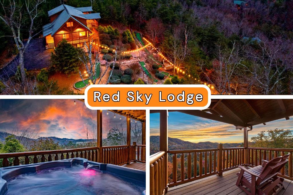 un collage de trois photos d'un pavillon à ciel rouge dans l'établissement Red Sky Lodge, à Sevierville
