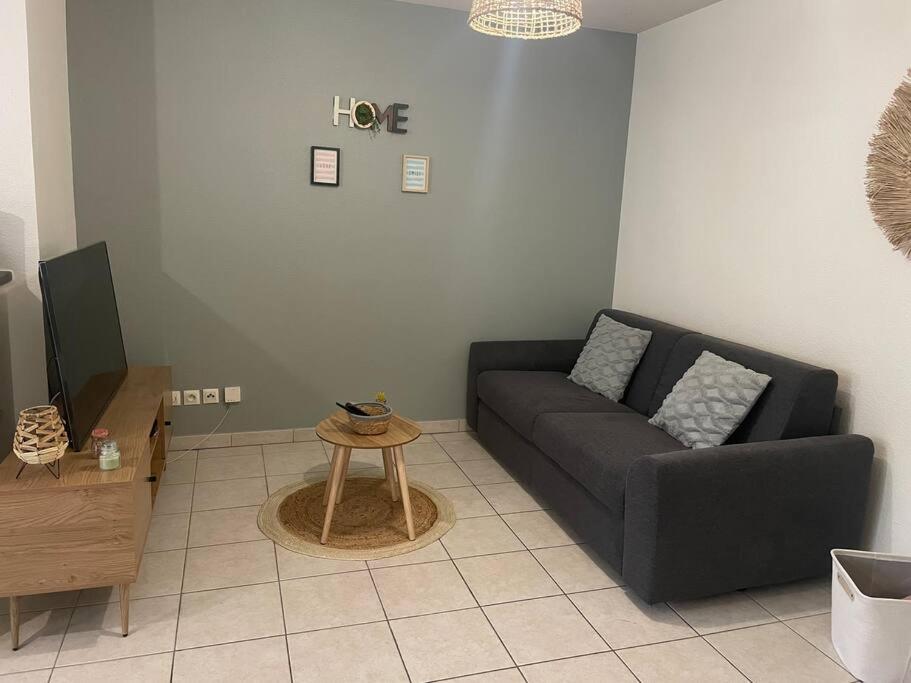 uma sala de estar com um sofá preto e uma mesa em Le Central-Proche Gare et Genève em Annemasse