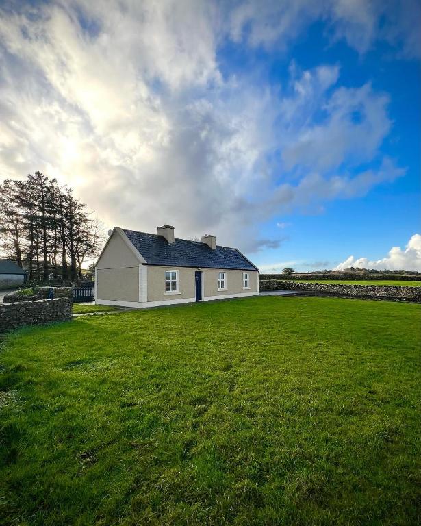 a white house in a field with a green yard at Killawalla Cottage, Westport. in Westport