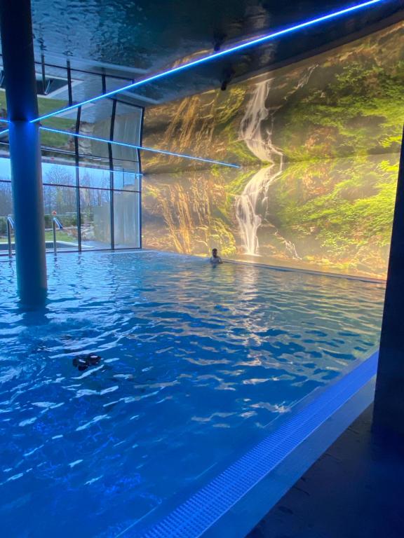 a person swimming in a swimming pool with a waterfall at Złoty Horyzont Spa 1 in Szklarska Poręba