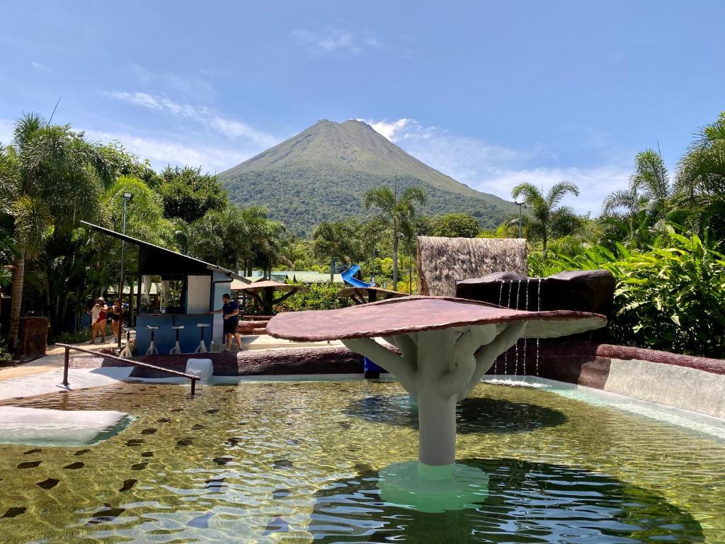 a pool of water with a mountain in the background at Termales del Arenal in Fortuna