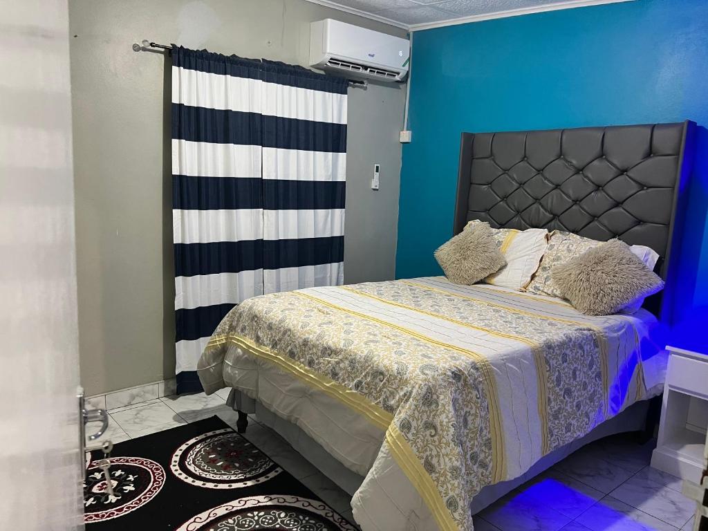a bedroom with a bed with a blue wall at Netfa's Hidden Gem in Kingston