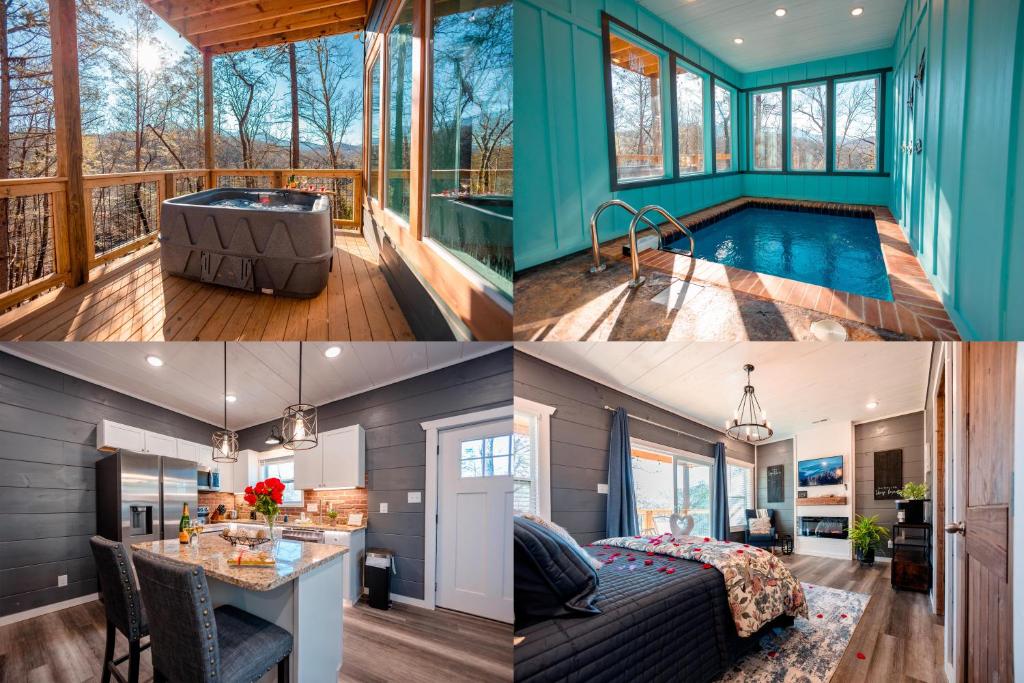 três vistas diferentes de uma casa com piscina em Romantic Cabin Retreat By Ghosal Luxury Lodging em Gatlinburg