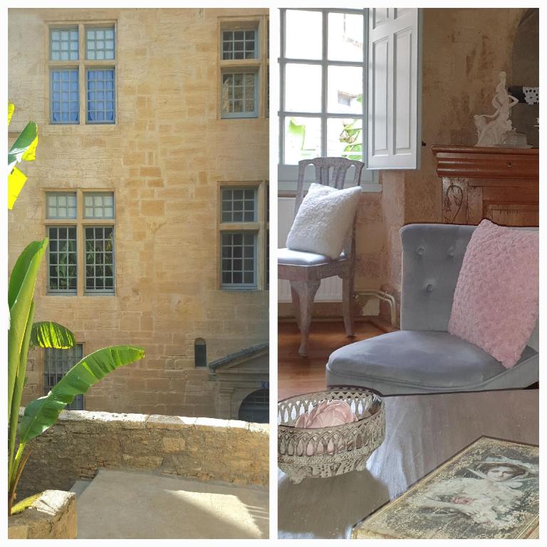 - deux photos d'un salon avec un canapé et une chaise dans l'établissement L'appart d'à coté, 2 chambres, à Sarlat-la-Canéda